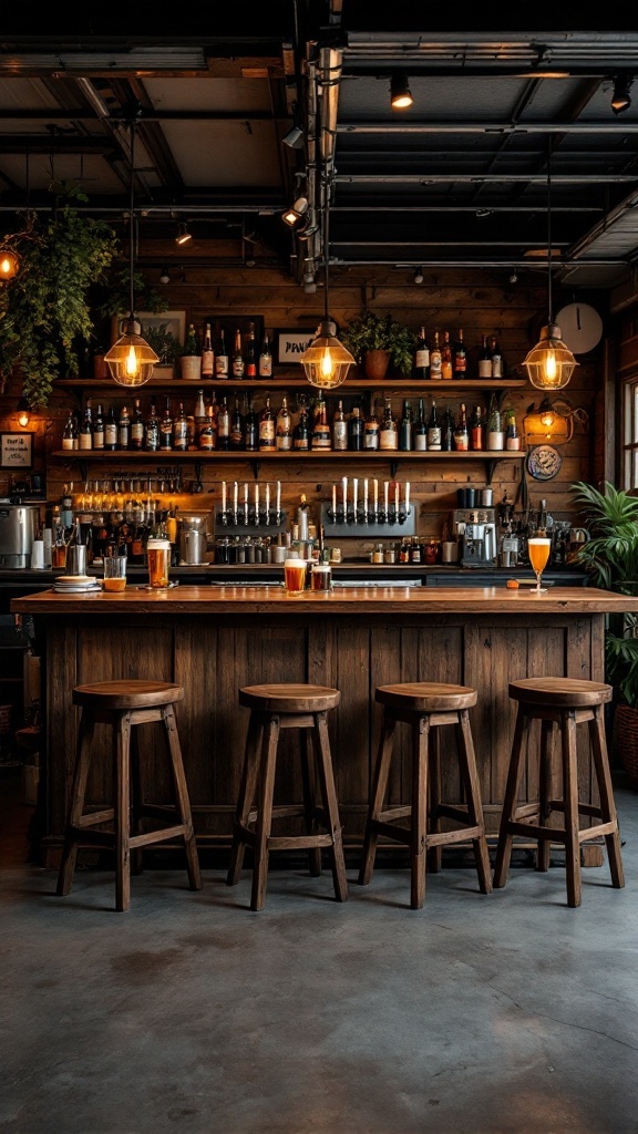 A rustic bar with craft beers and wooden stools, creating a cozy atmosphere.