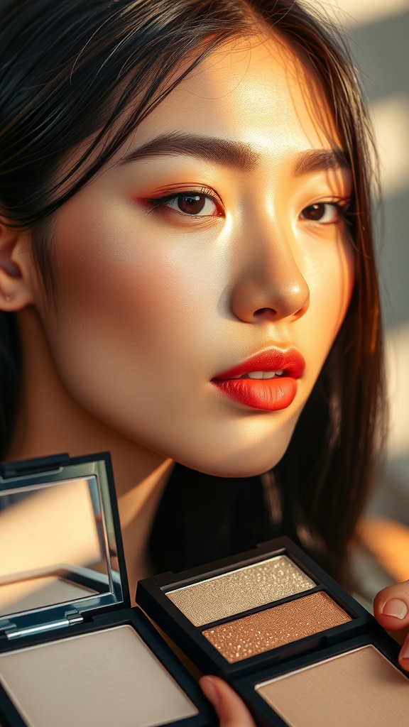 Close-up of a woman's face with natural makeup and a glowing highlighter