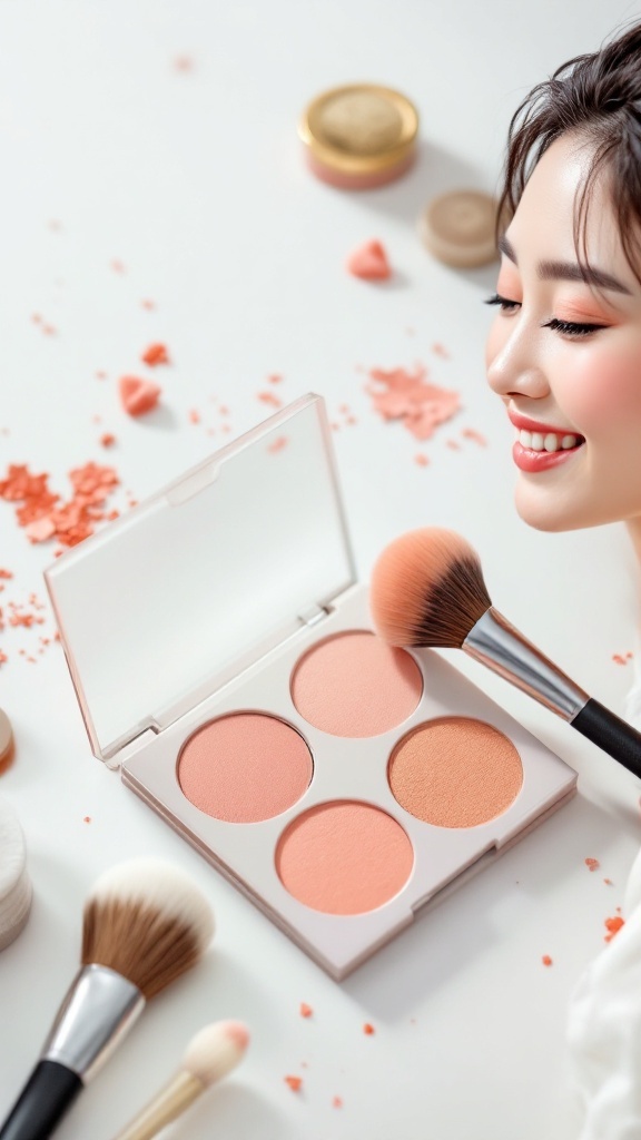 A woman applying soft peach blush from a palette, surrounded by makeup brushes.