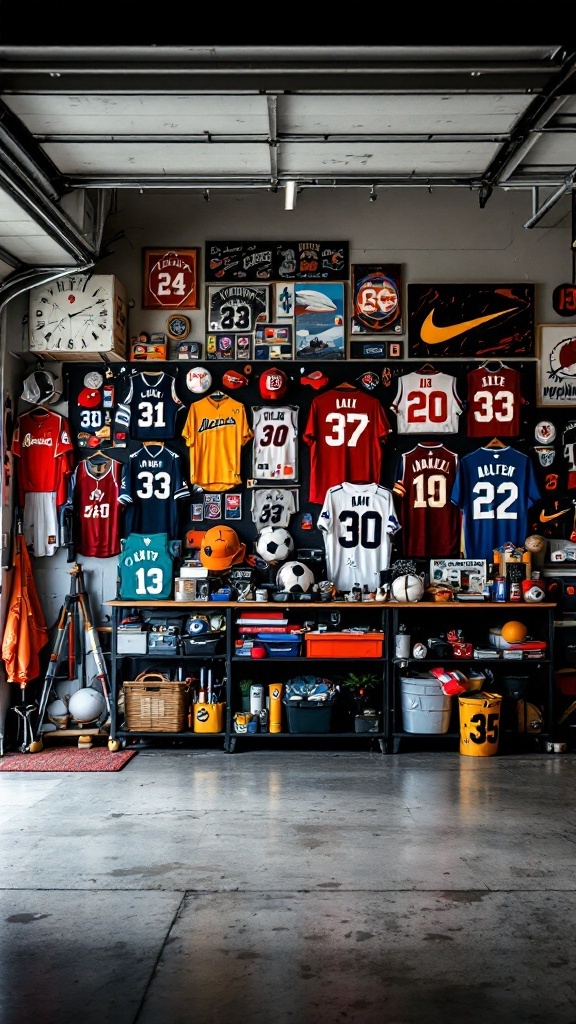 A wall showcasing various sports memorabilia, including jerseys and framed photographs, in a garage setting.