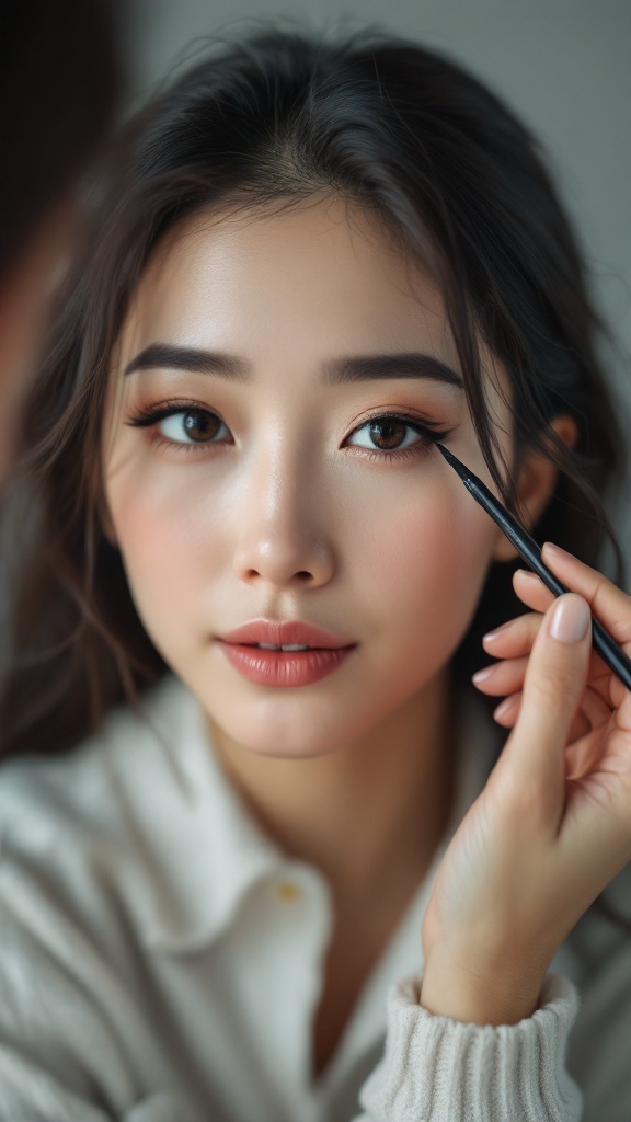 A close-up of a woman applying subtle eyeliner for a natural makeup look.