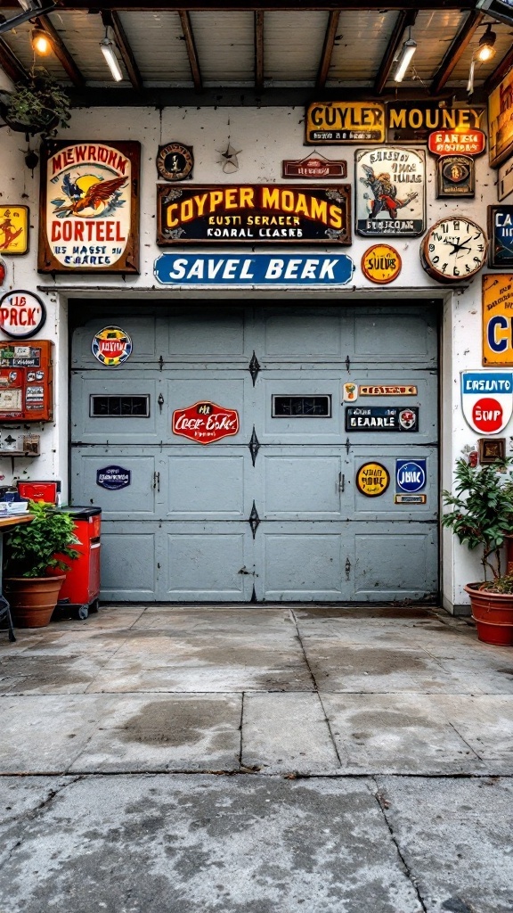 A garage decorated with vintage signs and memorabilia.