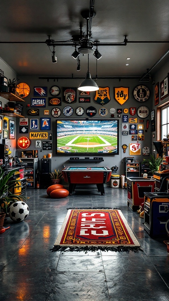 A garage game room filled with sports memorabilia, a large TV, and a pool table.