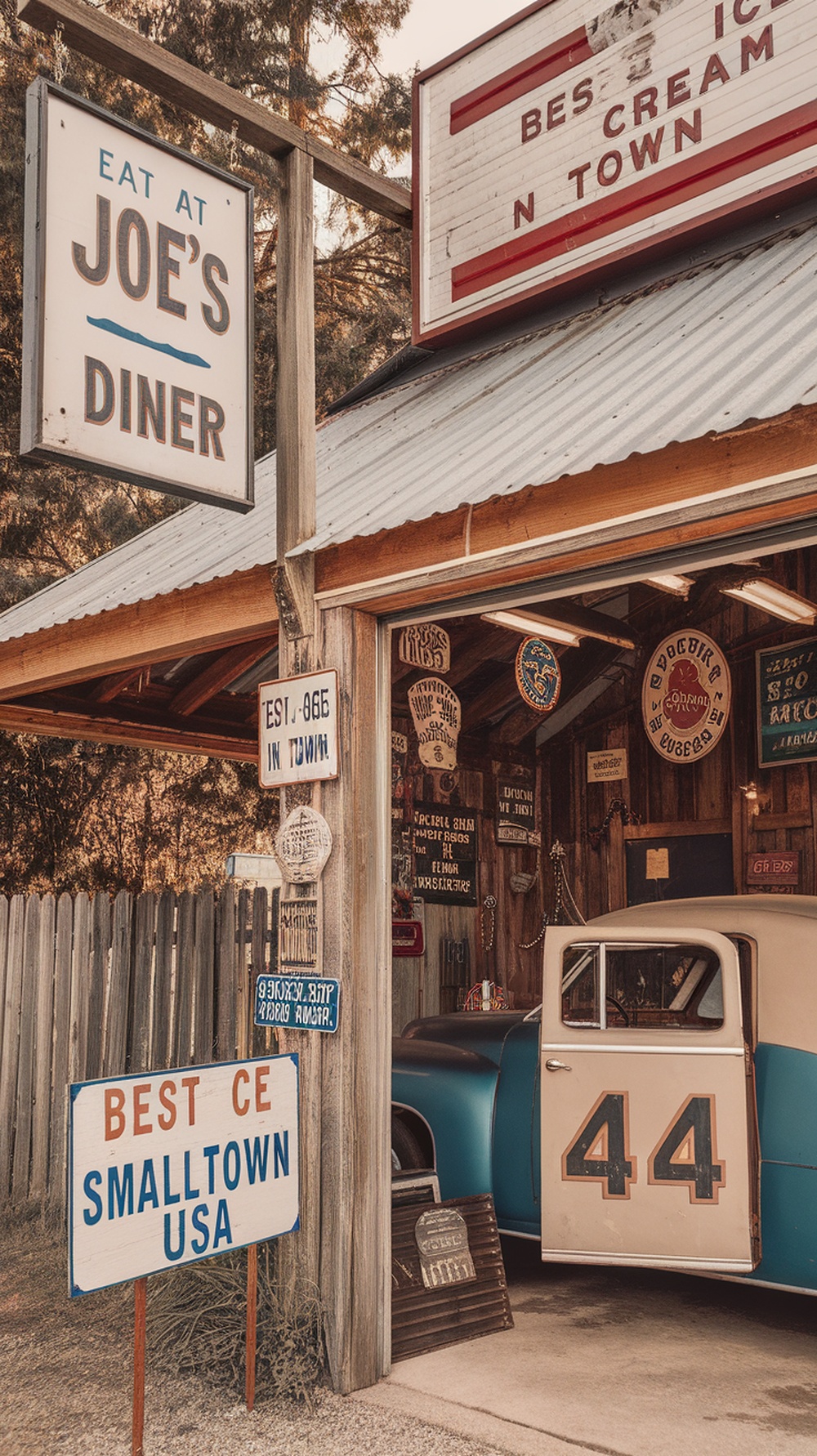 A vintage diner sign and classic car, representing Americana decor.