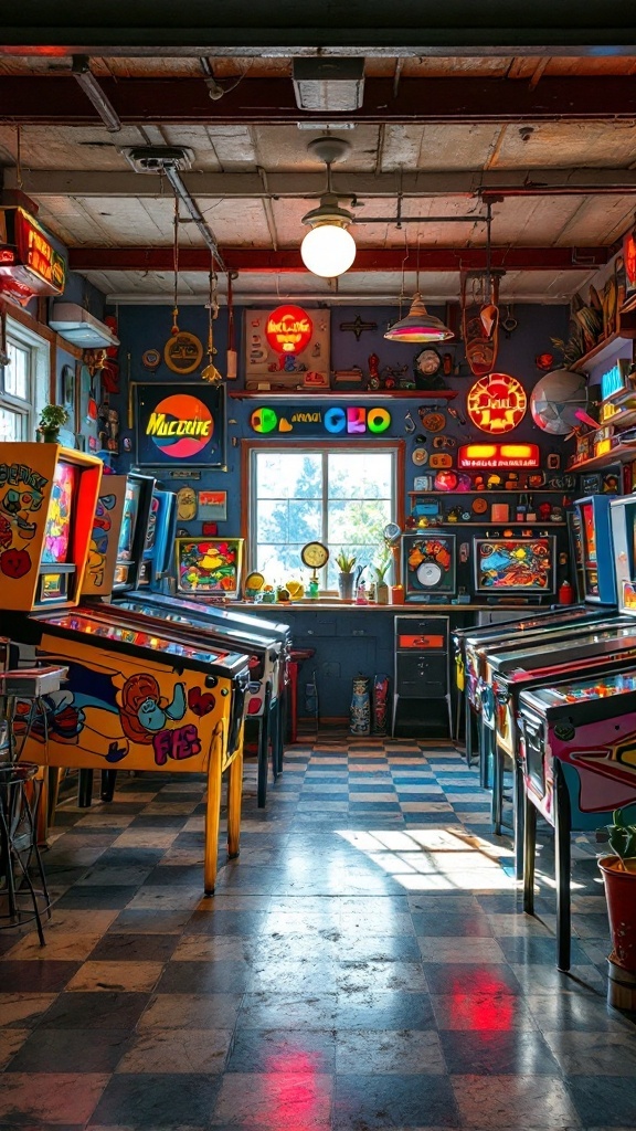 A cozy room filled with vintage pinball machines and neon lights.