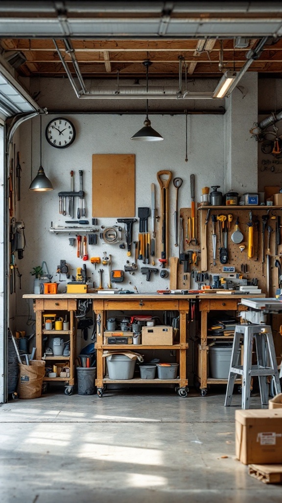 A well-organized garage workshop with tools and workbenches.