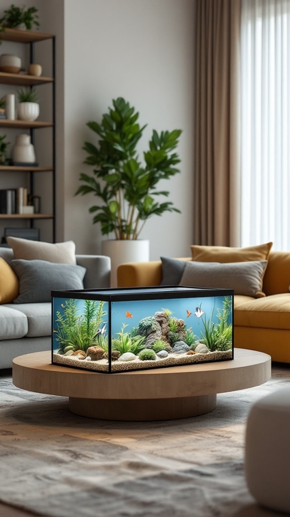 Living area featuring a low-profile aquarium coffee table surrounded by cozy furniture.