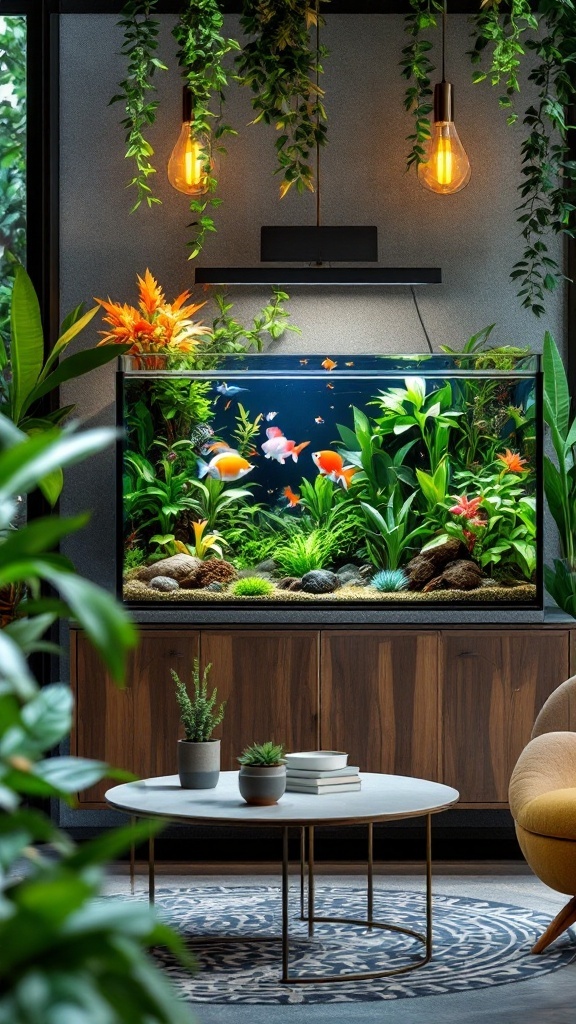 A stylish living area featuring a low-profile aquarium coffee table surrounded by lush aquatic plants and fish.