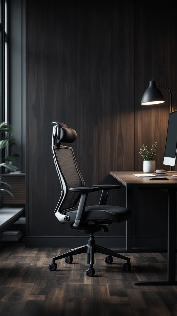 A stylish ergonomic chair in a sophisticated home office with dark wood paneling.