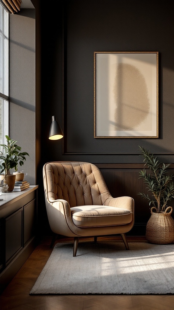 A cozy reading nook featuring a plush chair, dark wood paneling, a lamp, and decorative plants