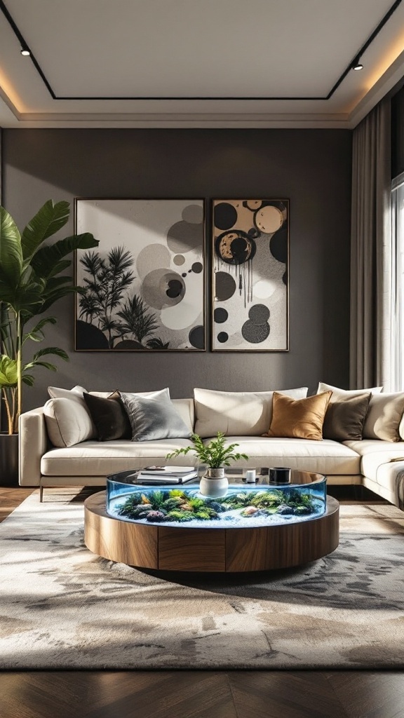 A living area featuring a low-profile aquarium coffee table surrounded by a comfortable sofa and decorative artwork.