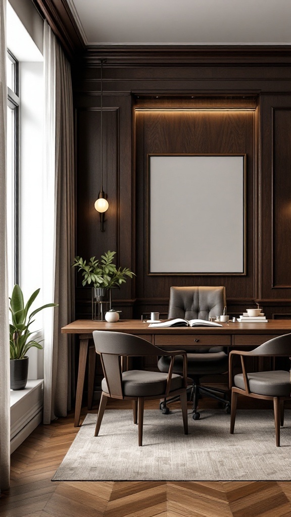 Sophisticated home office featuring dark wood paneling and modern desk