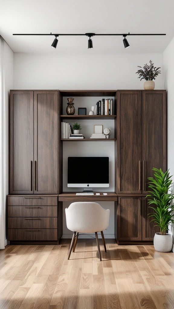 Functional home office featuring dark wood paneling, modern desk, and storage solutions