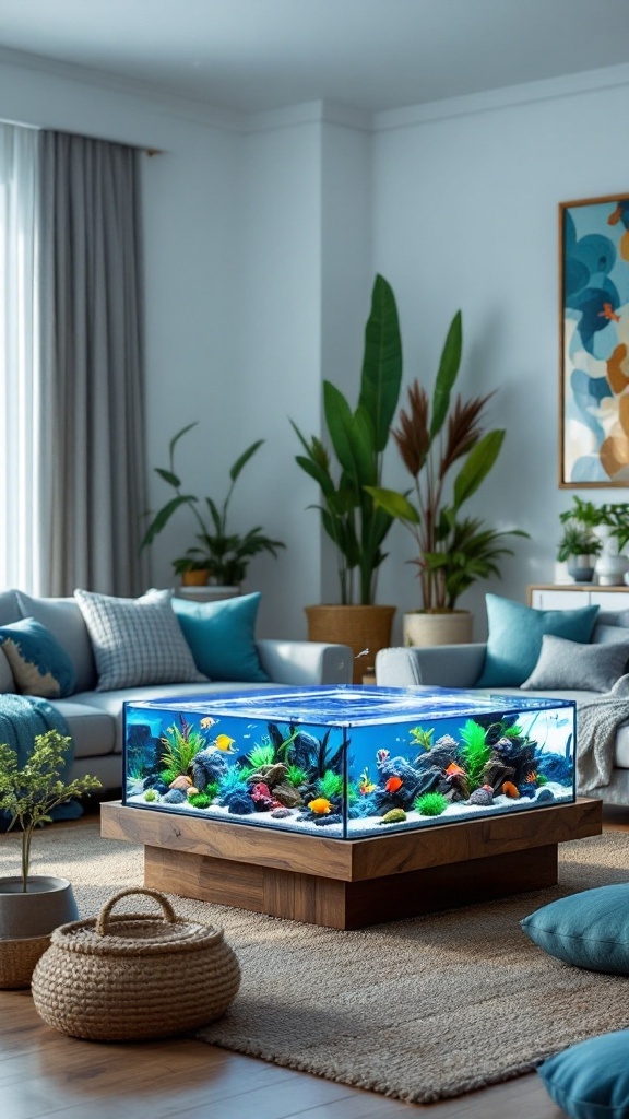 A living room featuring a low-profile aquarium coffee table surrounded by plants and comfortable seating