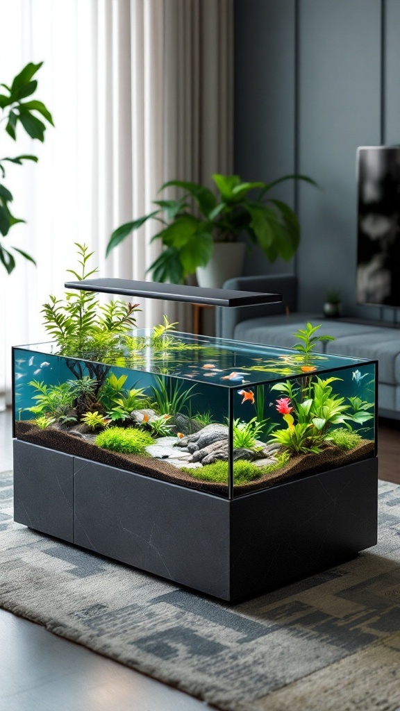 A low-profile aquarium coffee table featuring colorful fish and lush aquatic plants, set in a modern living area.