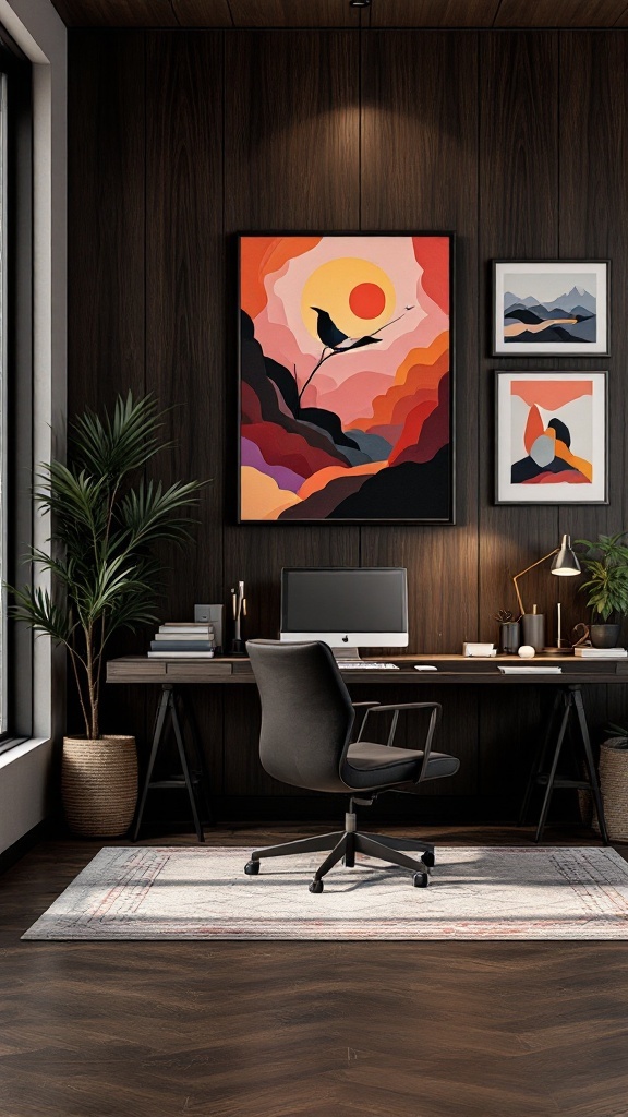 Sophisticated home office with dark wood paneling, featuring inspiring artwork displays