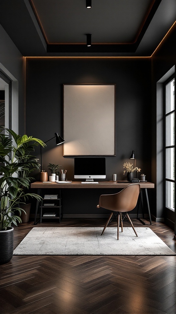 A modern home office featuring dark wood paneling, a sleek desk, and a comfortable chair, surrounded by plants and natural light.