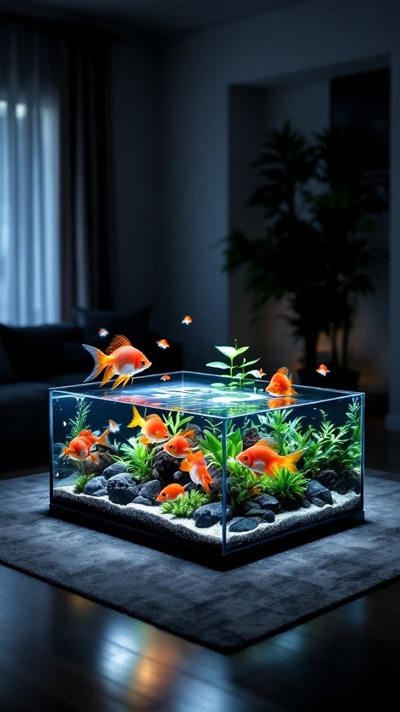 A low-profile aquarium coffee table with colorful fish and plants, illuminated by ambient lighting in a cozy living area.