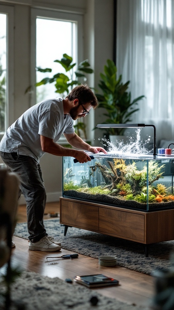 A person cleaning a low-profile aquarium coffee table, focusing on water quality maintenance.