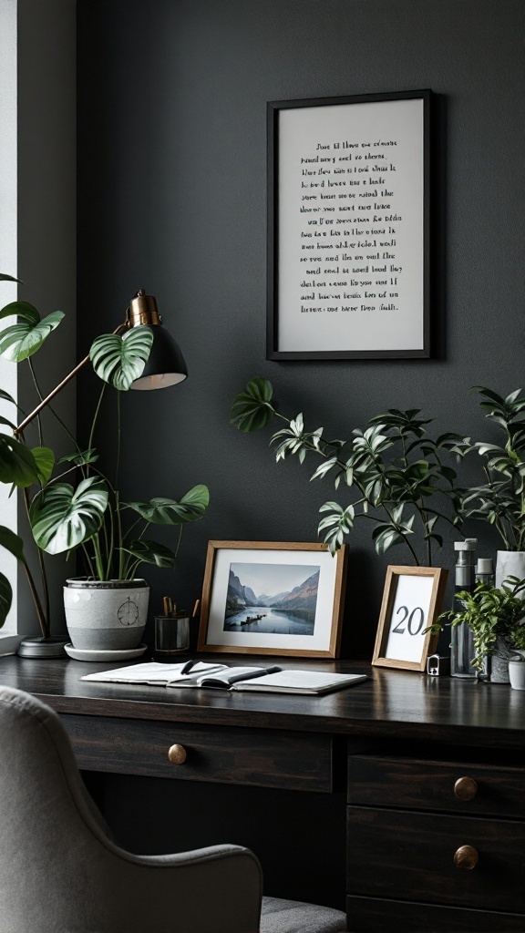 A modern home office featuring dark wood paneling, a stylish desk, plants, and personalized decor items.