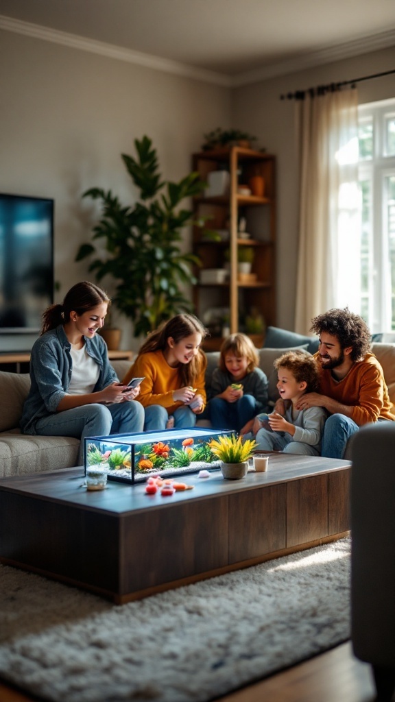 A family enjoying time together around a coffee table aquarium in a cozy living area.