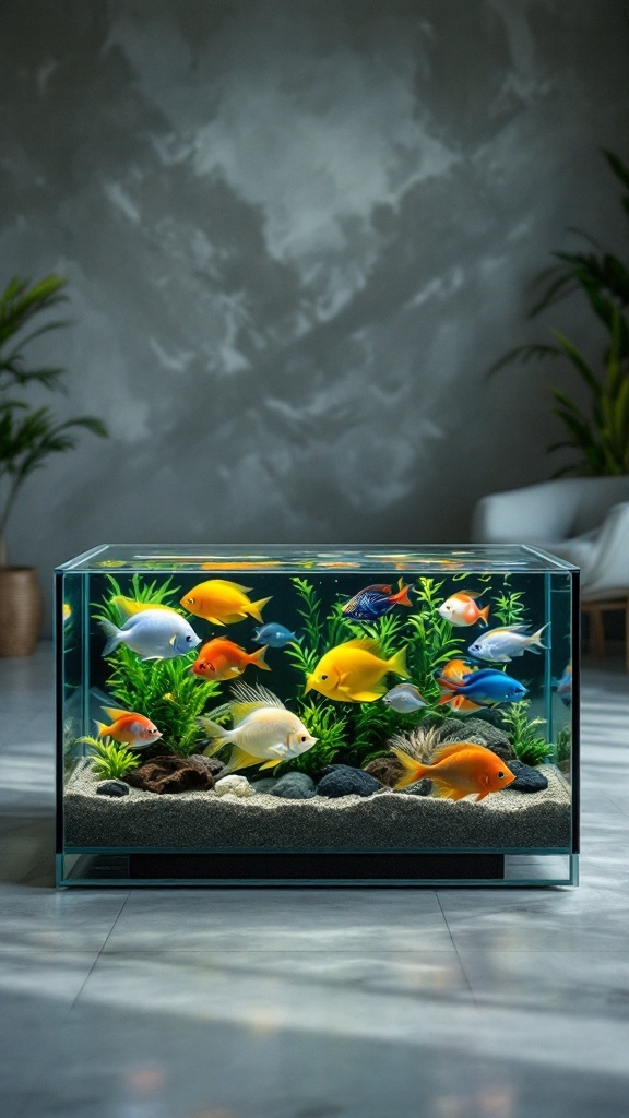 A low-profile aquarium coffee table filled with colorful fish and aquatic plants in a living area.