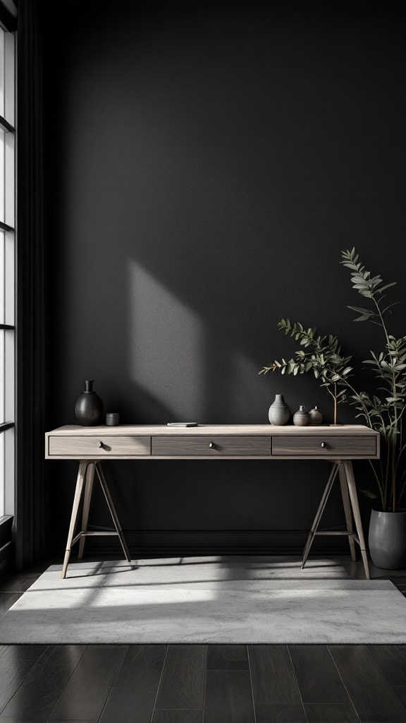 Modern desk with light wood design in a sophisticated home office with dark wood paneling