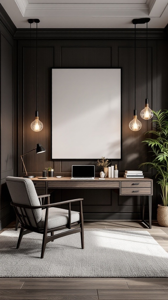 A stylish home office featuring dark wood paneling and modern lighting fixtures.