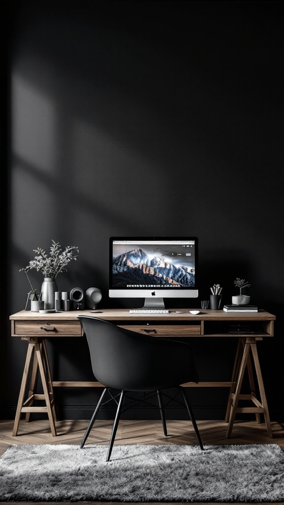 A sophisticated home office featuring dark wood paneling and a modern desk setup with an iMac, plants, and stylish accessories.