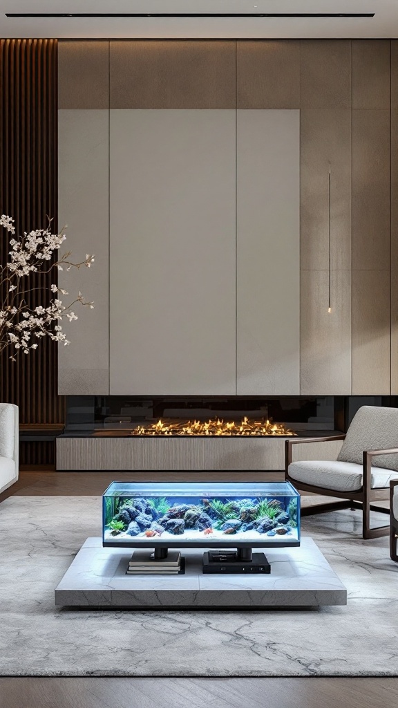 A stylish living area featuring a low-profile aquarium coffee table surrounded by modern furniture.