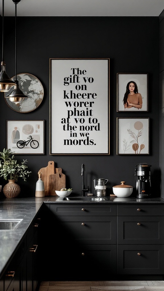 A sophisticated kitchen with dark walls and artful wall decor including framed artworks and a large central piece with bold typography.