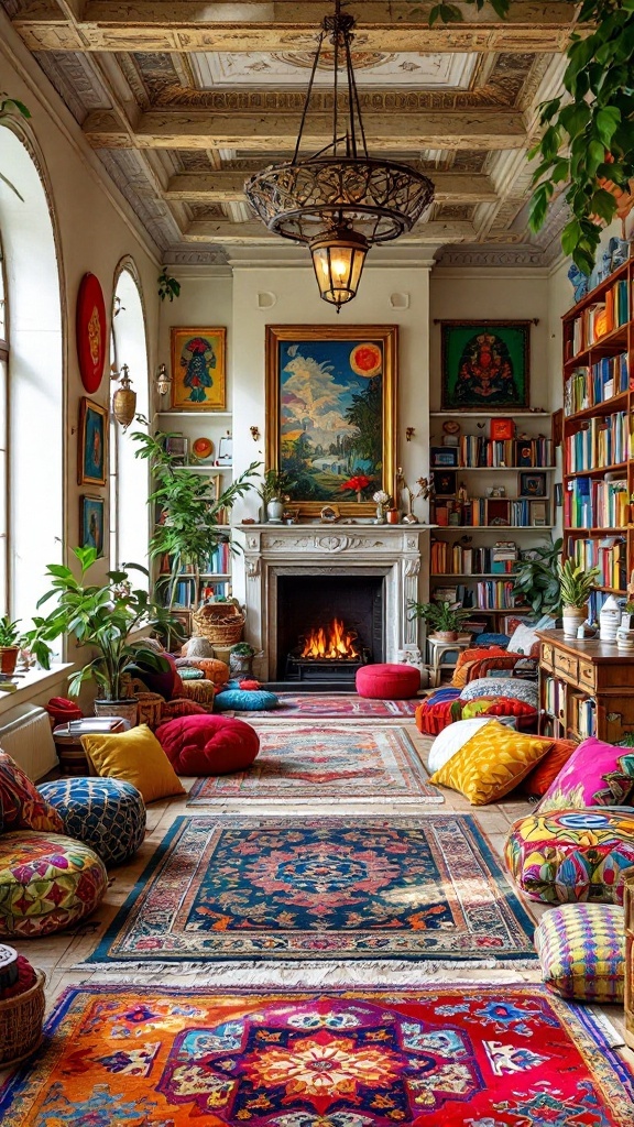 A cozy library filled with colorful cushions, rugs, artwork, and plants, creating an inviting atmosphere.