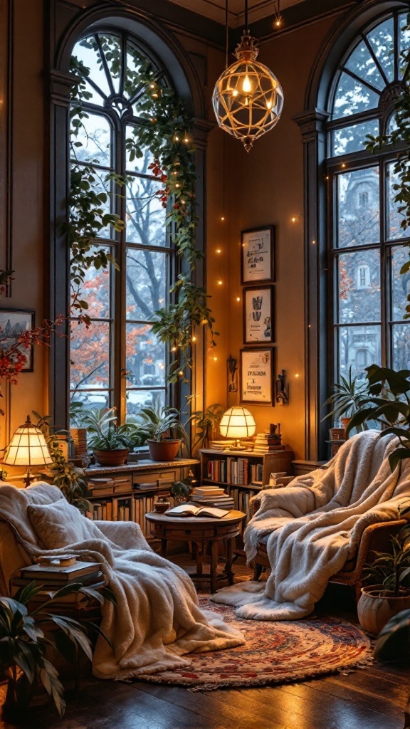 Cozy library room with ambient lighting, large windows, plants, and comfortable seating.