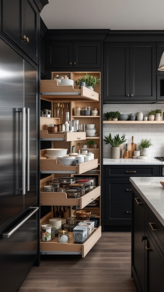 A sophisticated kitchen with dark cabinets, featuring pull-out drawers filled with organized dishes and jars, and open shelving with plants and dishware.