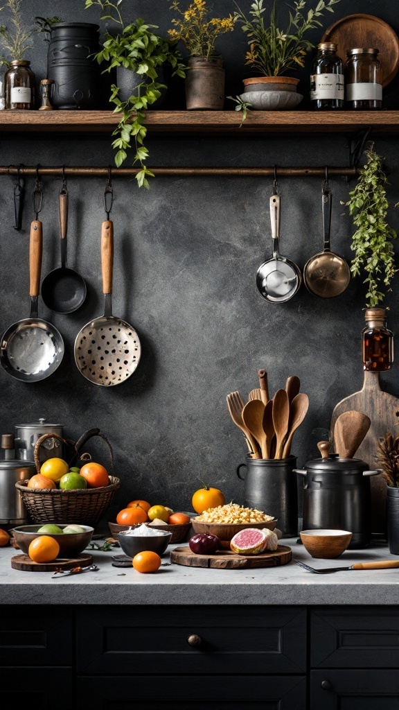 A sophisticated kitchen with high ceilings, dark tones, and culinary accessories including fruits and hanging utensils.