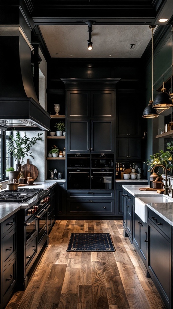 Sophisticated kitchen with high ceilings, dark cabinetry, and wooden flooring