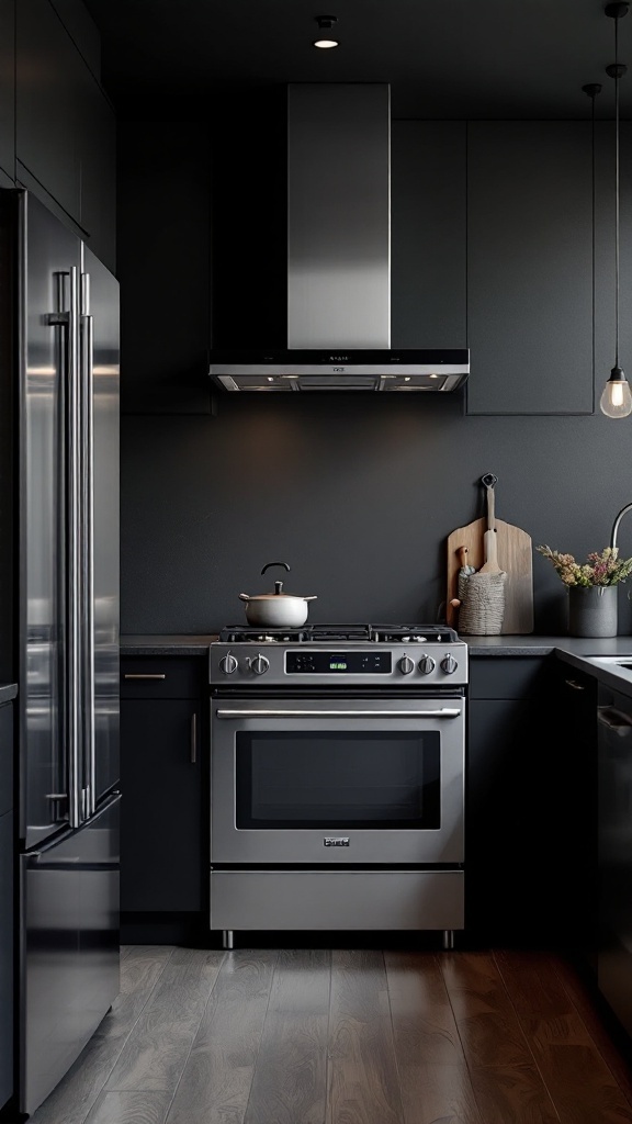 A sophisticated kitchen featuring high-end stainless steel appliances against dark cabinetry.