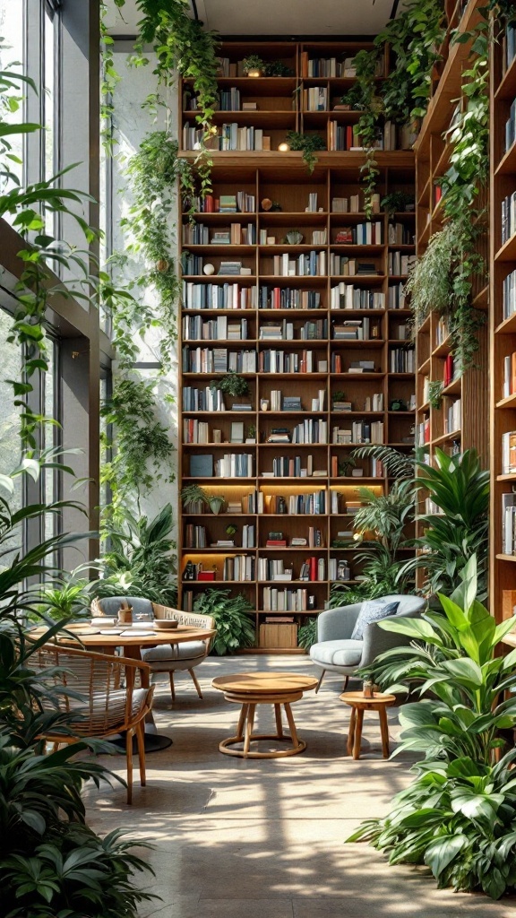 A cozy library with tall bookshelves, comfortable seating, and abundant greenery