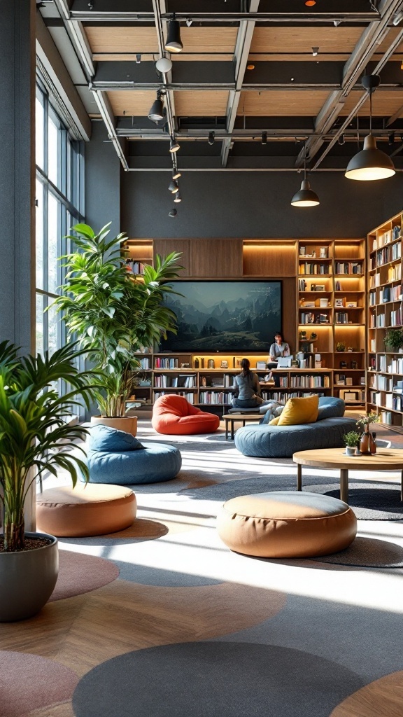 A cozy, modern library with colorful seating, plants, and a bright atmosphere.