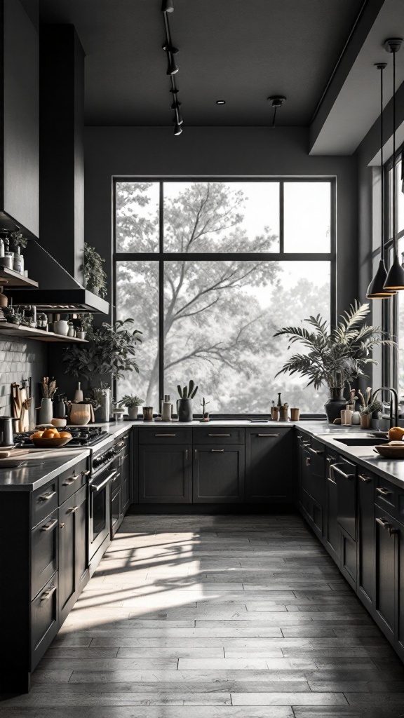 Sophisticated kitchen with high ceilings featuring dark cabinetry and large windows allowing natural light to flow in.