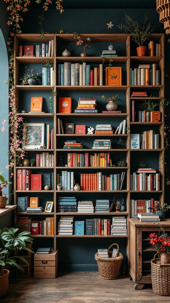 A cozy library corner featuring a stylish bookshelf filled with colorful books and decorative items.