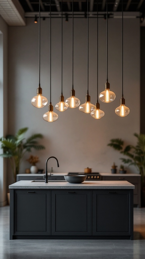 A sophisticated kitchen with high ceilings featuring elegant pendant lighting above a dark kitchen island.