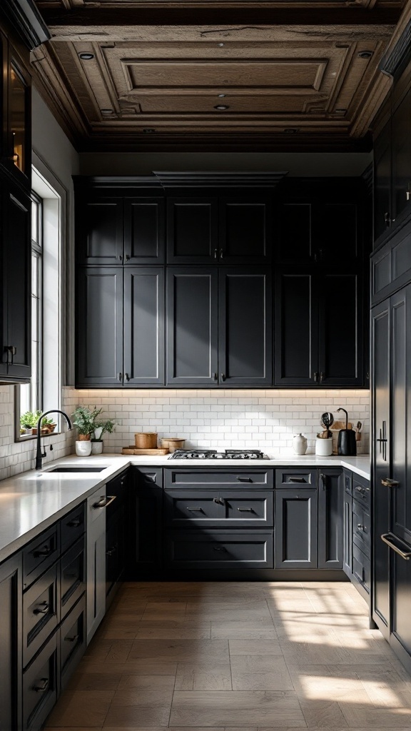 Sophisticated kitchen featuring dark cabinets, light countertops, and a wooden ceiling.