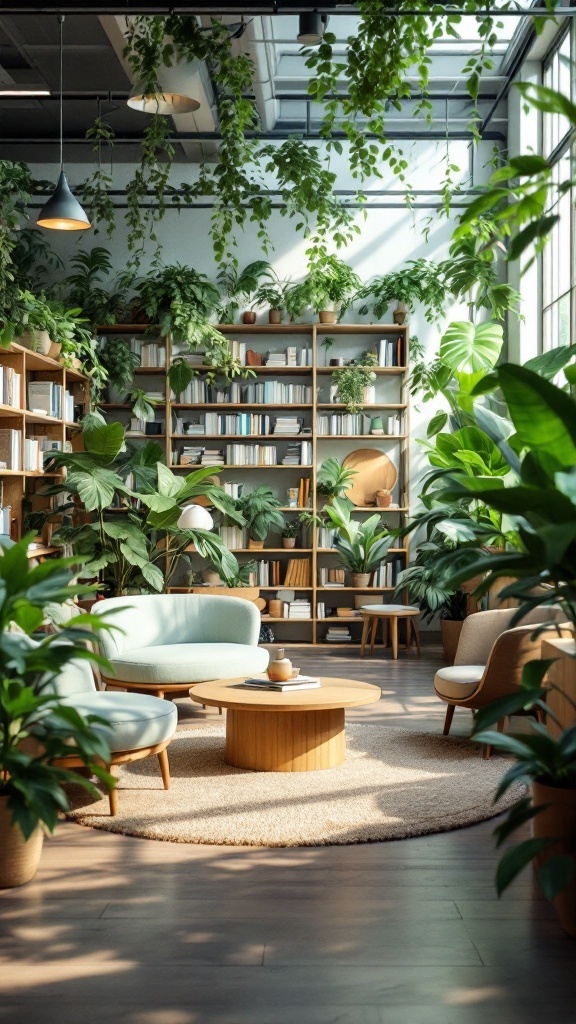 A cozy library space with sustainable furniture and lush greenery.