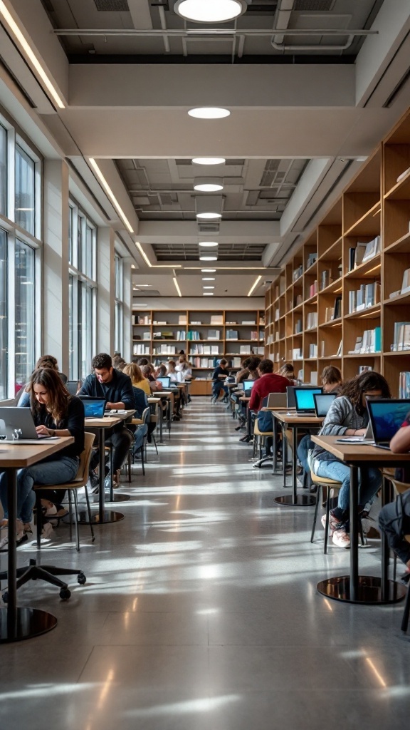 A modern library with students working on laptops at tables, bright windows, and bookshelves in the background.