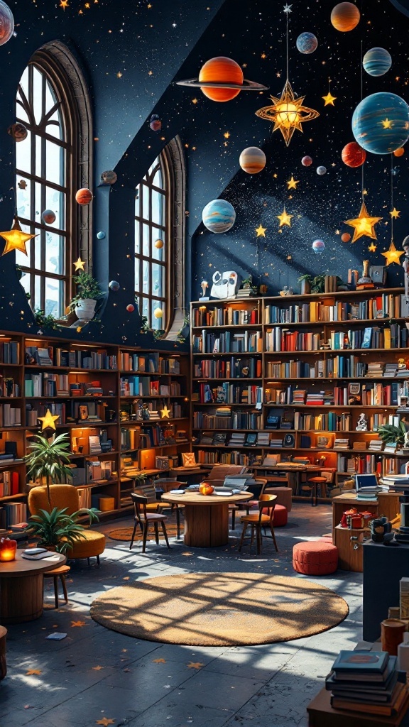 A cozy library space designed with a space theme, featuring planets and stars hanging from the ceiling, bookshelves filled with books, and comfortable seating areas.