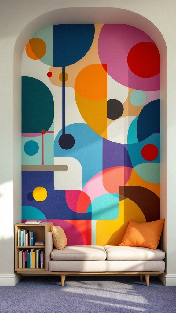 A colorful mural with circular and geometric shapes on a library wall, accompanied by a cozy seating area