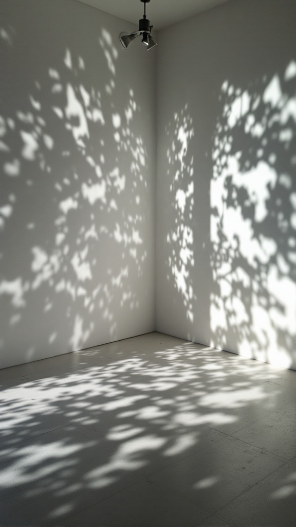 An office corner with intricate shadows projected on white walls and floor, creating a serene atmosphere.