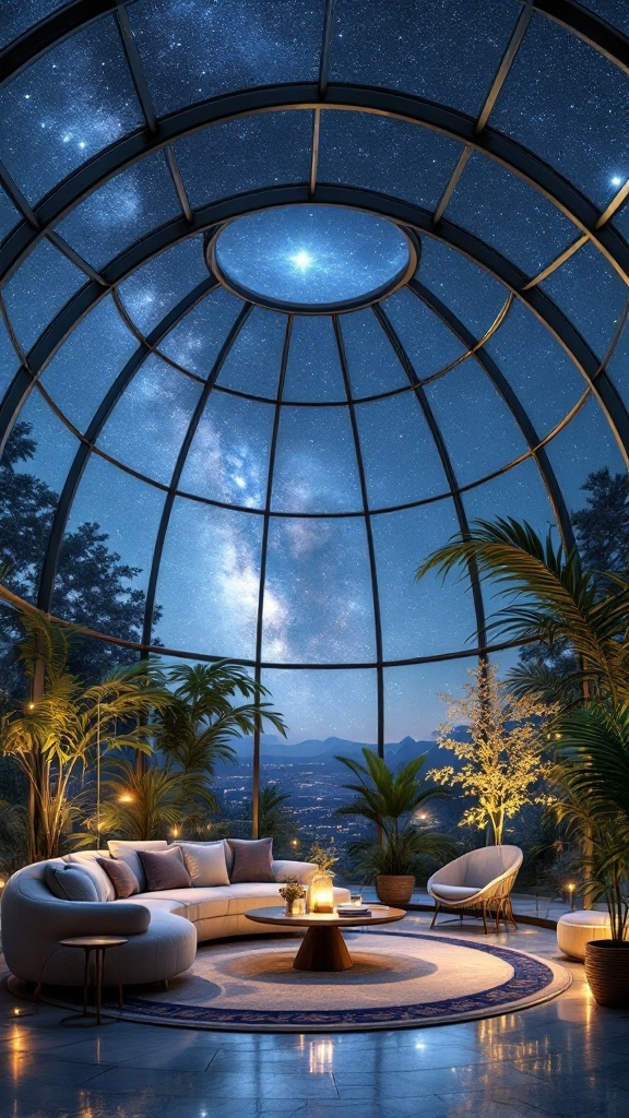 A cozy living room with a glass dome showcasing a starry night sky, featuring ambient lighting and lush plants.