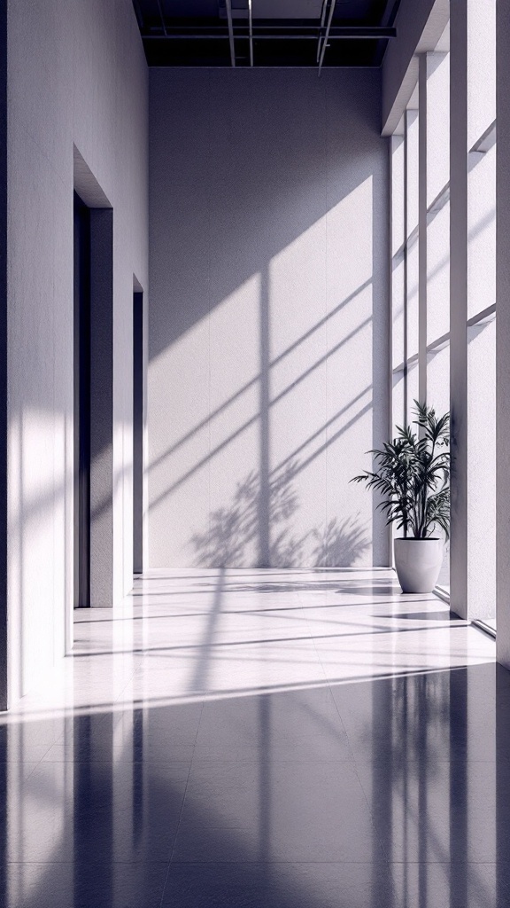 A modern office hallway with large windows and a plant, showcasing light and shadows.